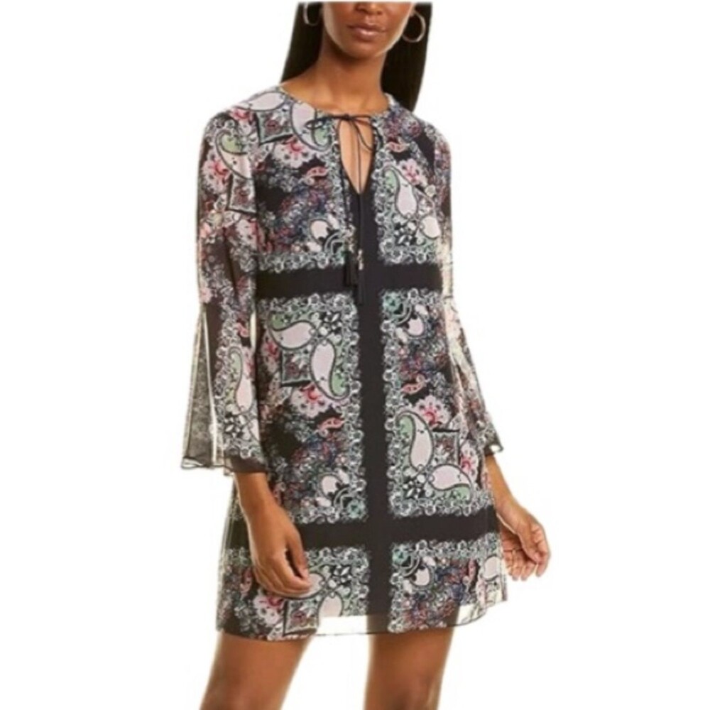 Vince Camuto Floral Paisley Print Chiffon Float Dress SIze 8 A-Line Bell Sleeve
